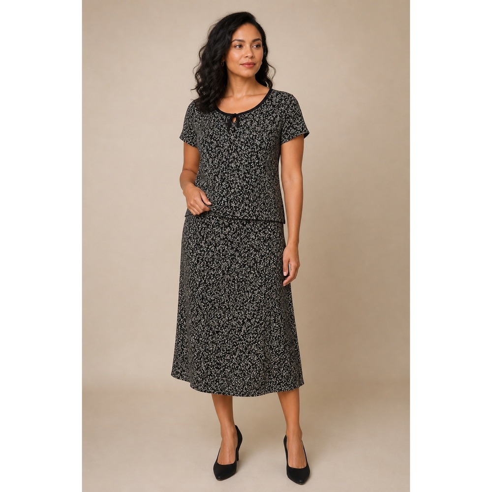 Vtg Coldwater Creek Skirt Set Women 14 Black Silk Floral Short Sleeve Modest NWT - Picture 1 of 13